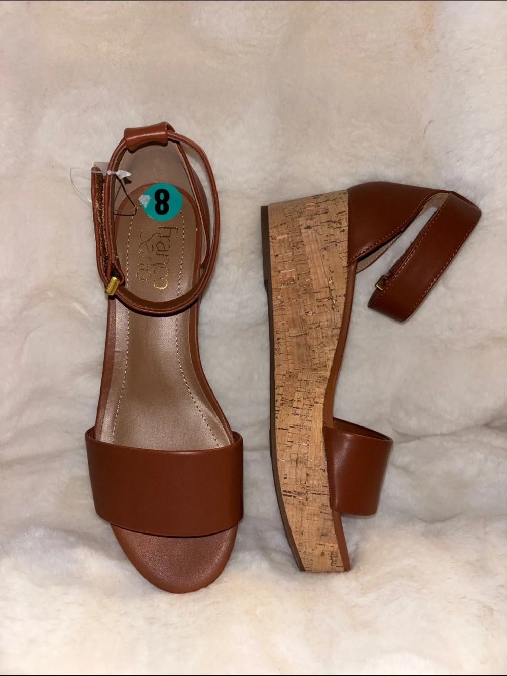 Franco Sarto Brown Cork Wedge Sandals with Ankle Strap